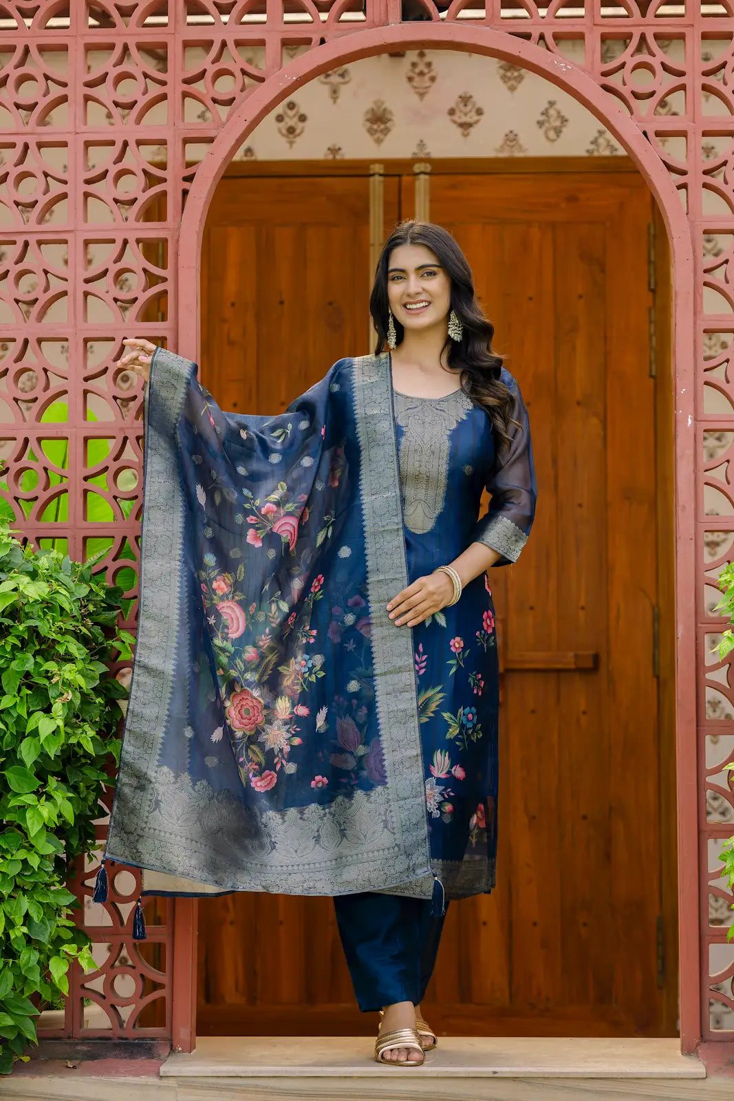 Women's Beautiful Printed Work Jacquard Organza Fabric Straight Kurta Pant and Dupatta Set 03