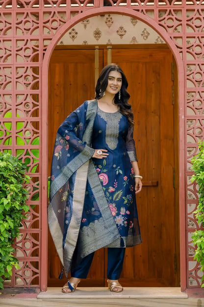 Women's Beautiful Printed Work Jacquard Organza Fabric Straight Kurta Pant and Dupatta Set 03