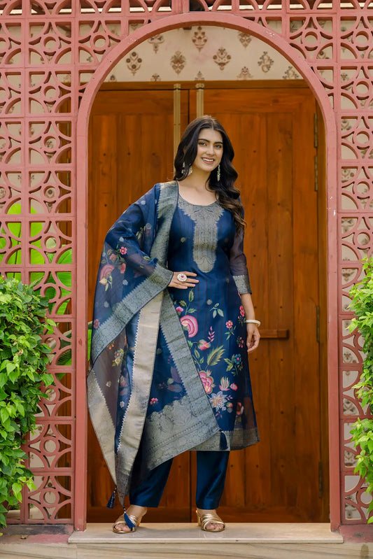 Women's Beautiful Printed Work Jacquard Organza Fabric Straight Kurta Pant and Dupatta Set 03