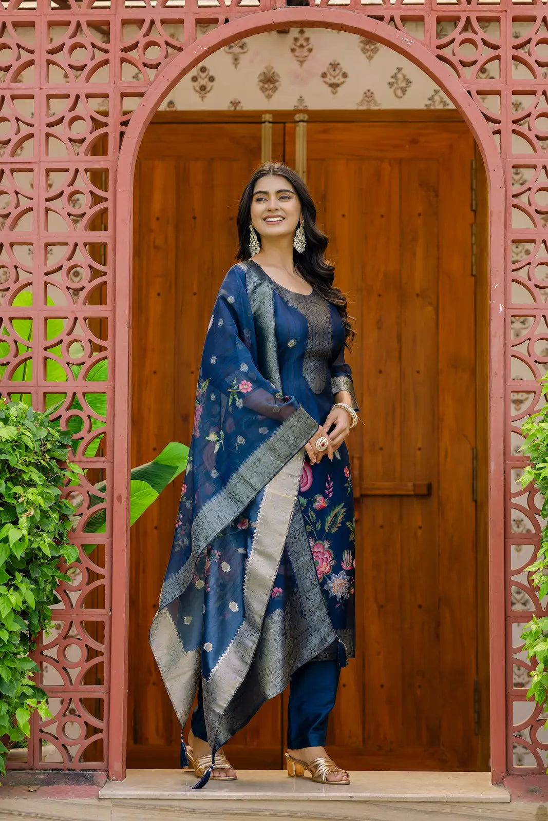 Women's Beautiful Printed Work Jacquard Organza Fabric Straight Kurta Pant and Dupatta Set 03