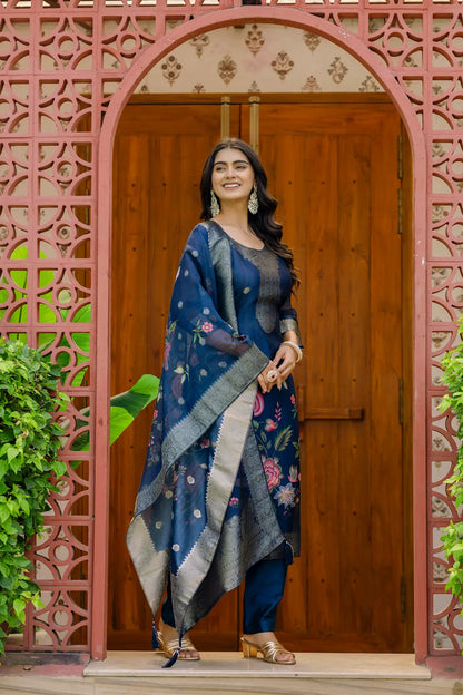 Women's Beautiful Printed Work Jacquard Organza Fabric Straight Kurta Pant and Dupatta Set 03