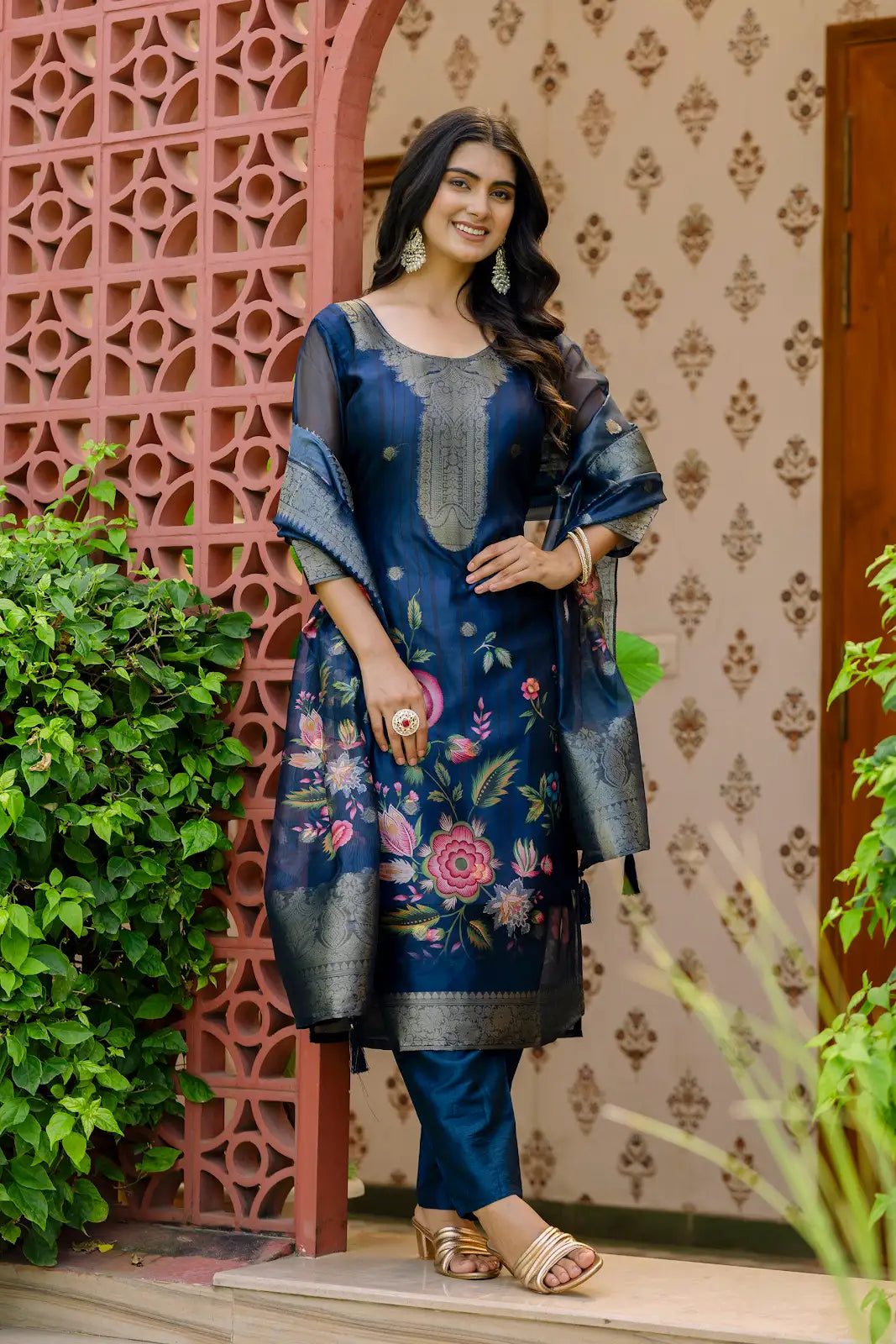 Women's Beautiful Printed Work Jacquard Organza Fabric Straight Kurta Pant and Dupatta Set 03