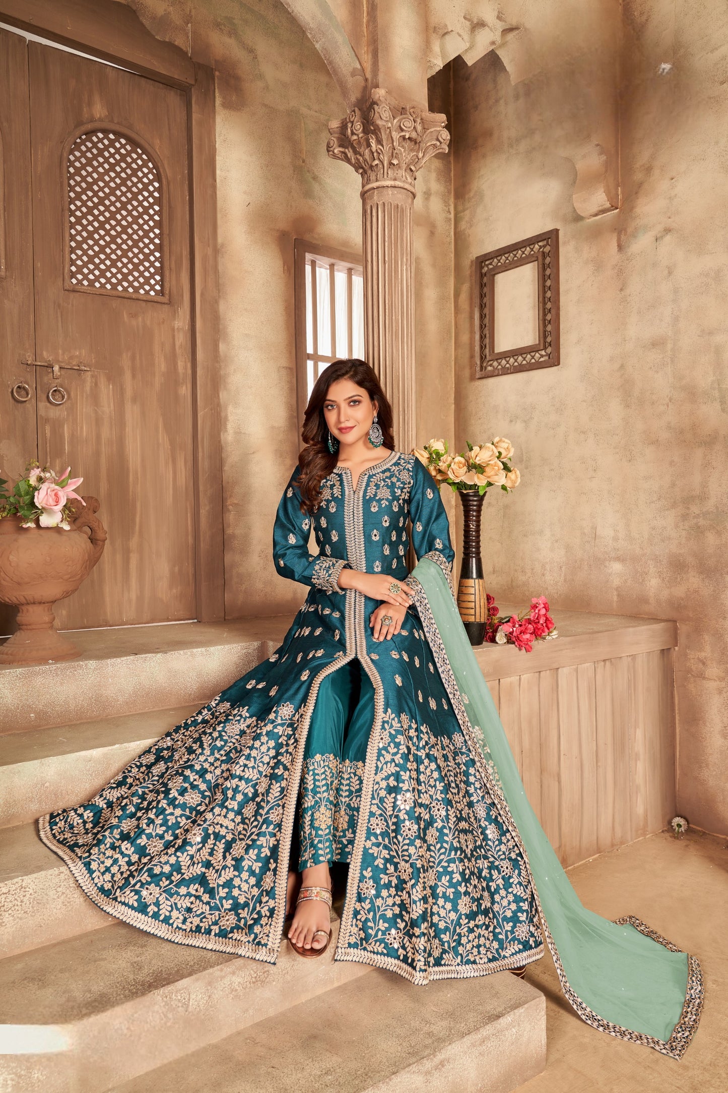 Teal Embroidered Art Silk Semi Stitched Anarkali Suit
