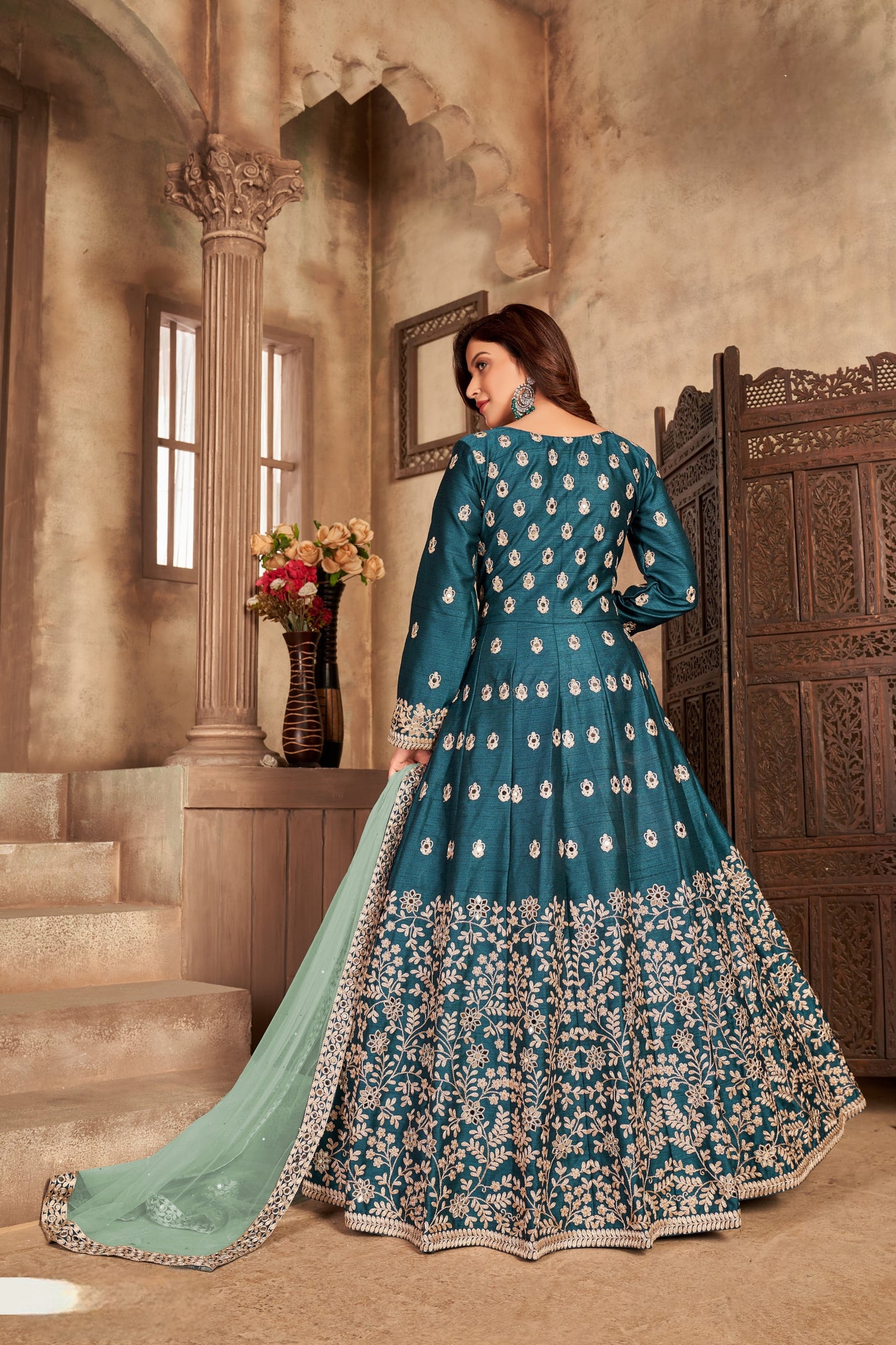 Teal Embroidered Art Silk Semi Stitched Anarkali Suit