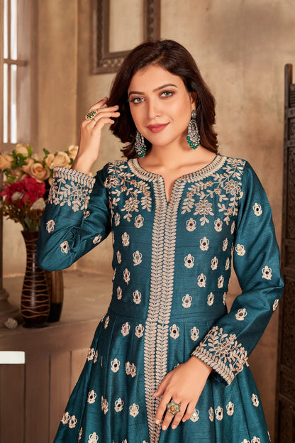 Teal Embroidered Art Silk Semi Stitched Anarkali Suit