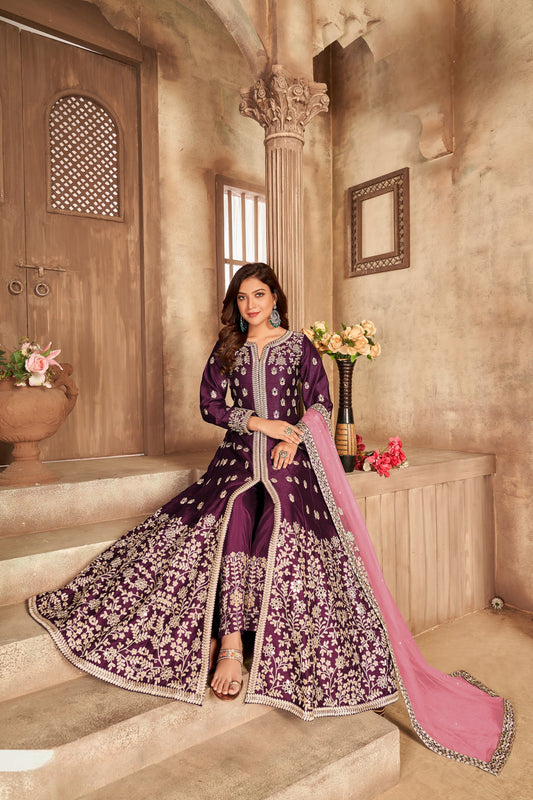 Purple Embroidered Art Silk Semi Stitched Anarkali Suit