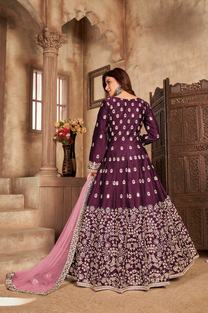 Purple Embroidered Art Silk Semi Stitched Anarkali Suit