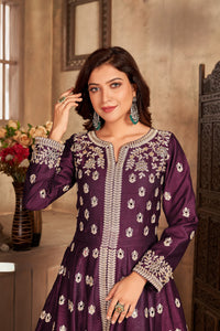 Purple Embroidered Art Silk Semi Stitched Anarkali Suit