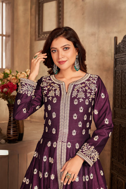 Purple Embroidered Art Silk Semi Stitched Anarkali Suit