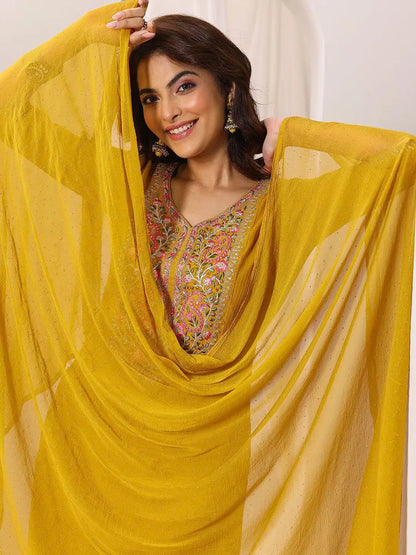 Women's Gorgeous Rayon Fabric Embroidery Work Straight Kurta Pant and Dupatta Set Musturd