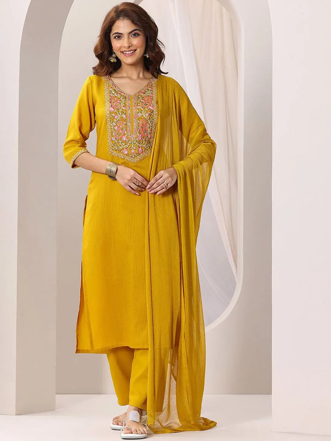 Women's Gorgeous Rayon Fabric Embroidery Work Straight Kurta Pant and Dupatta Set Musturd