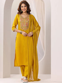 Women's Gorgeous Rayon Fabric Embroidery Work Straight Kurta Pant and Dupatta Set Musturd