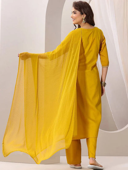 Women's Gorgeous Rayon Fabric Embroidery Work Straight Kurta Pant and Dupatta Set Musturd