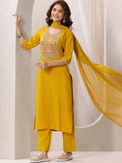 Women's Gorgeous Rayon Fabric Embroidery Work Straight Kurta Pant and Dupatta Set Musturd