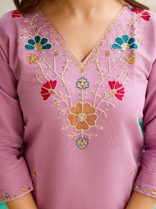 Women's Gorgeous Embroidery work Viscose Gadhwal Fabric Straight Kurta, Pant and Dupatta Set 27