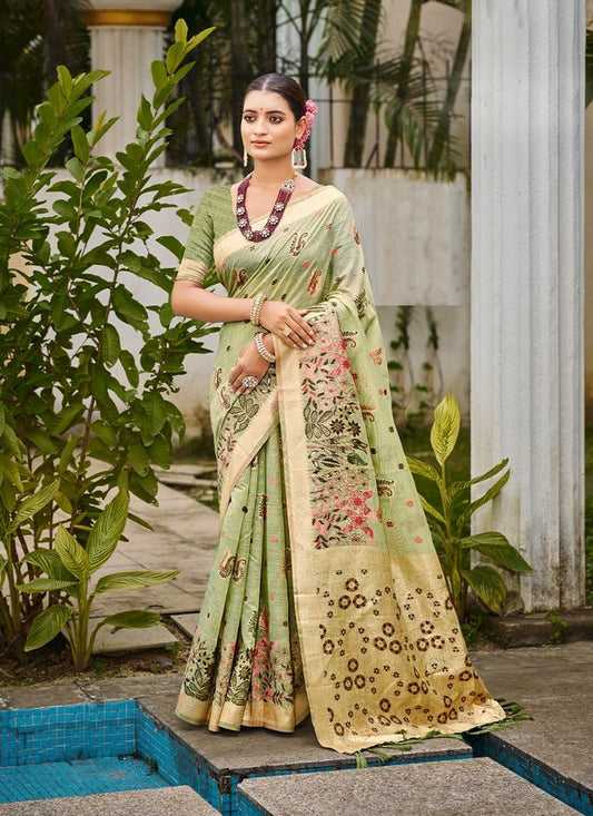 Green Color Cotton Silk Fabric Woven Meenakari Designer Saree