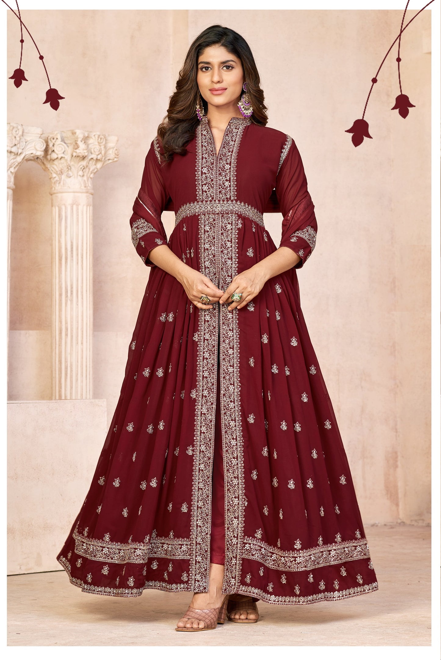 Maroon Embroidered Faux Georgette Semi Stitched Anarkali Suit