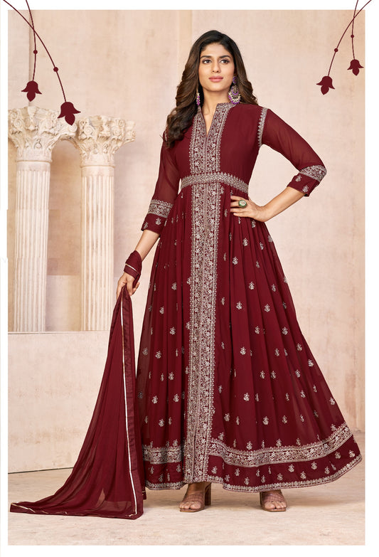 Maroon Embroidered Faux Georgette Semi Stitched Anarkali Suit