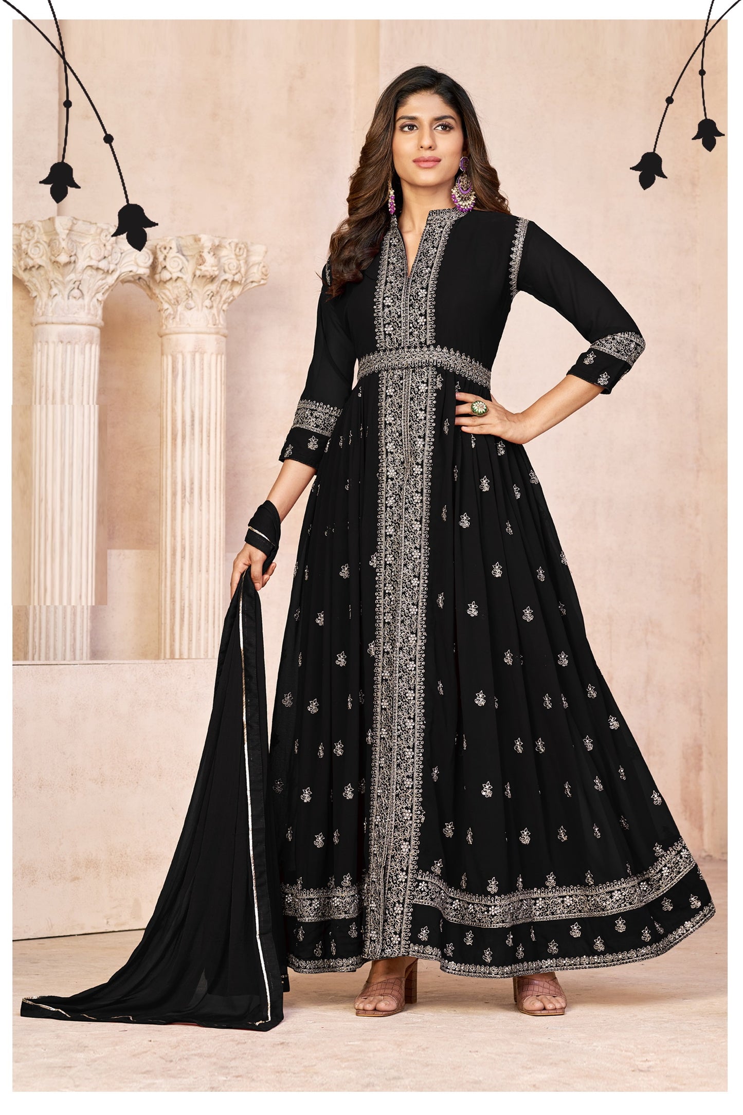Black Embroidered Faux Georgette Semi Stitched Anarkali Suit
