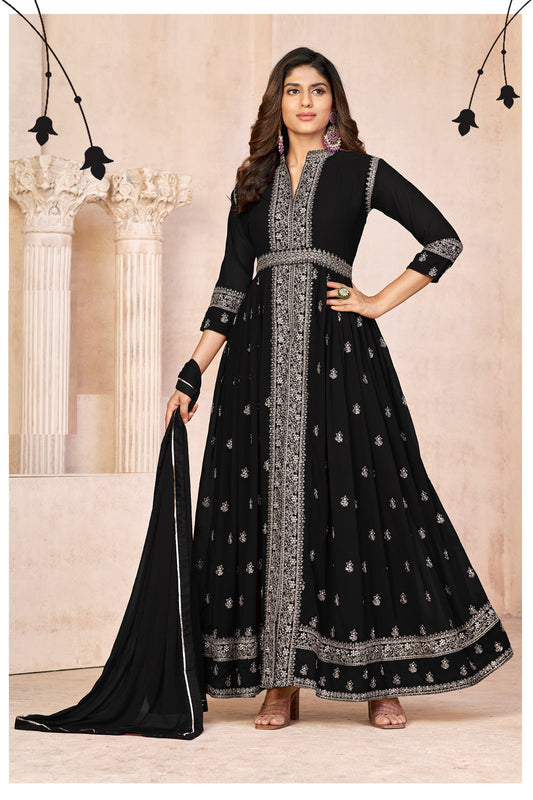 Black Embroidered Faux Georgette Semi Stitched Anarkali Suit