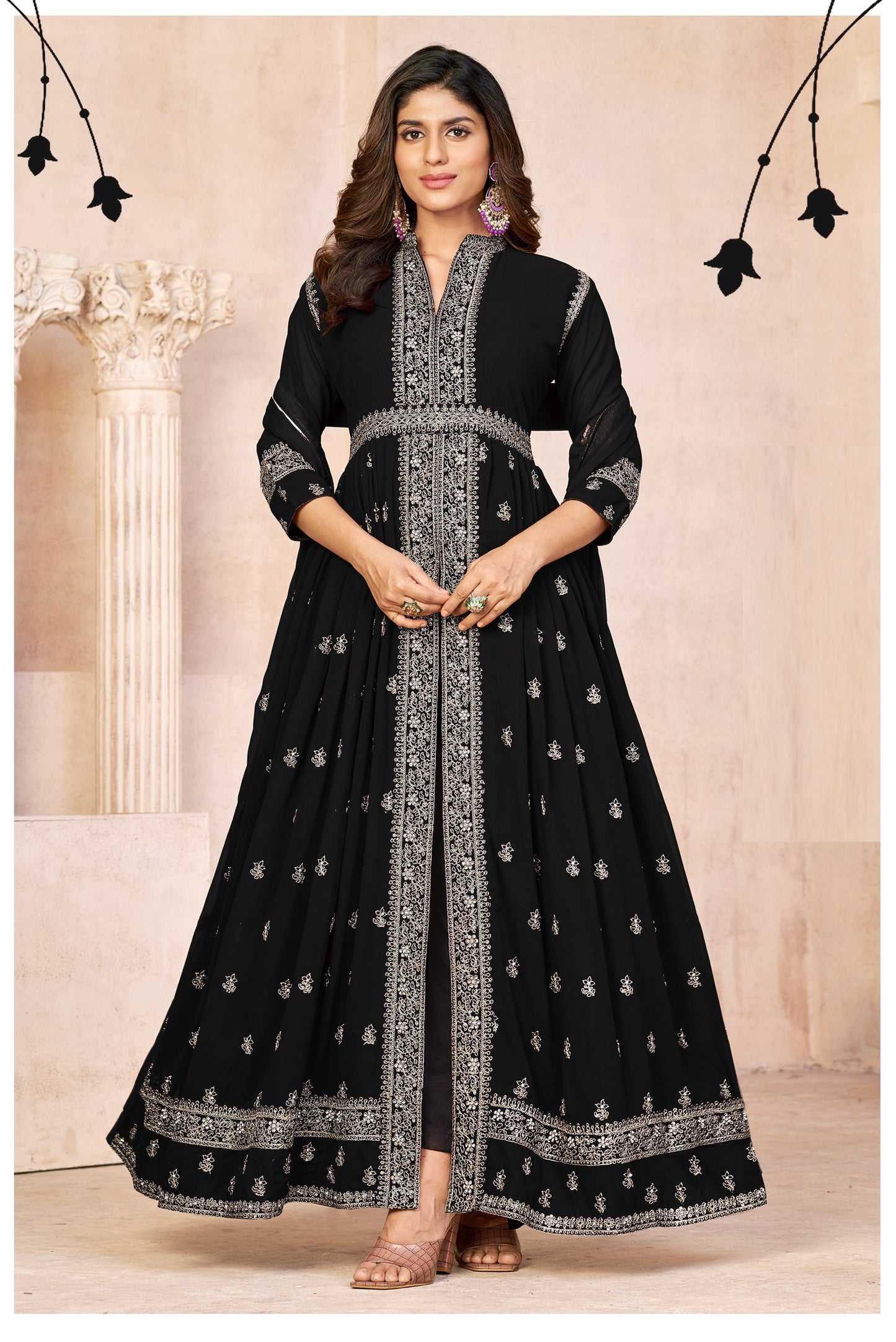 Black Embroidered Faux Georgette Semi Stitched Anarkali Suit