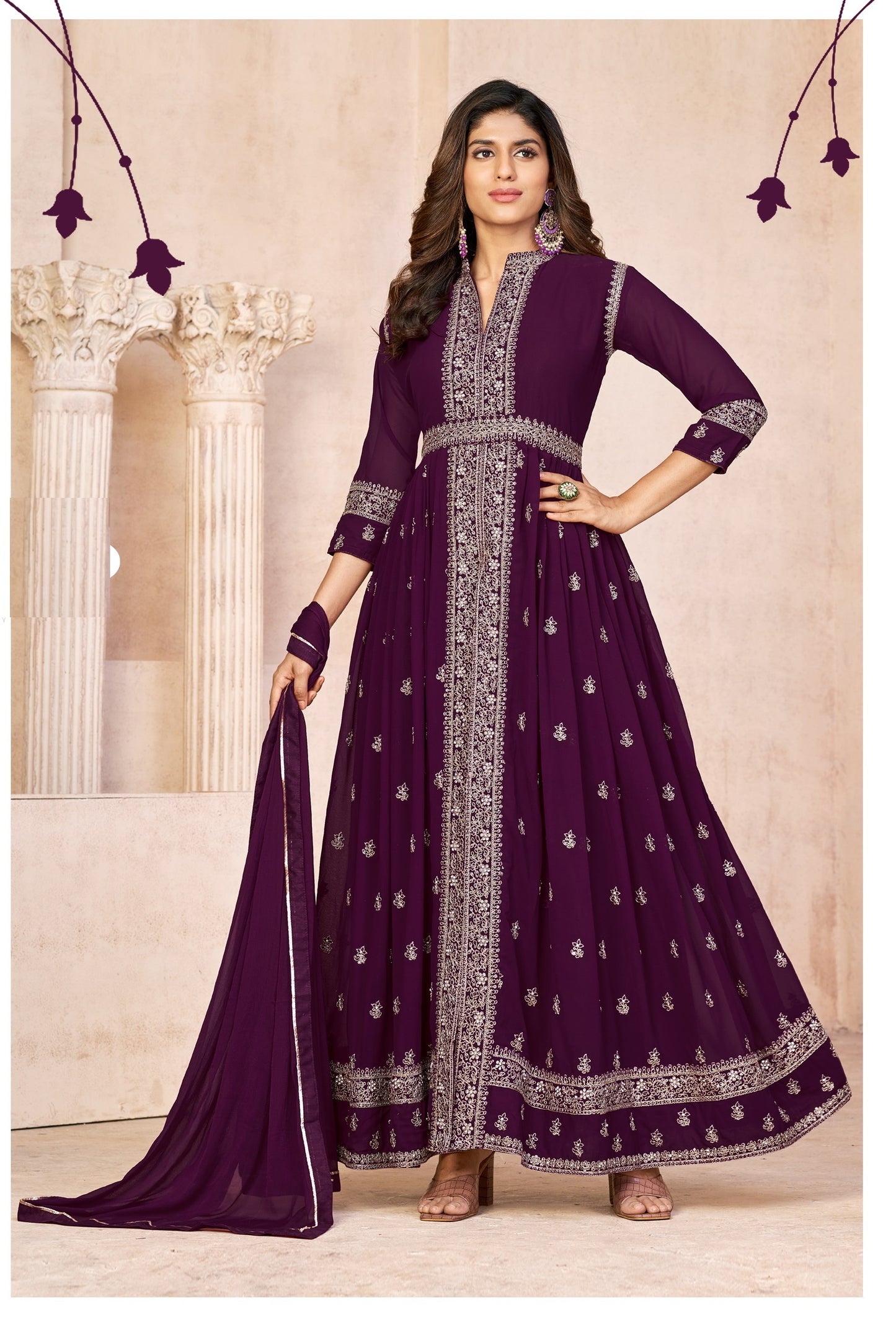 Wine Embroidered Faux Georgette Semi Stitched Anarkali Suit