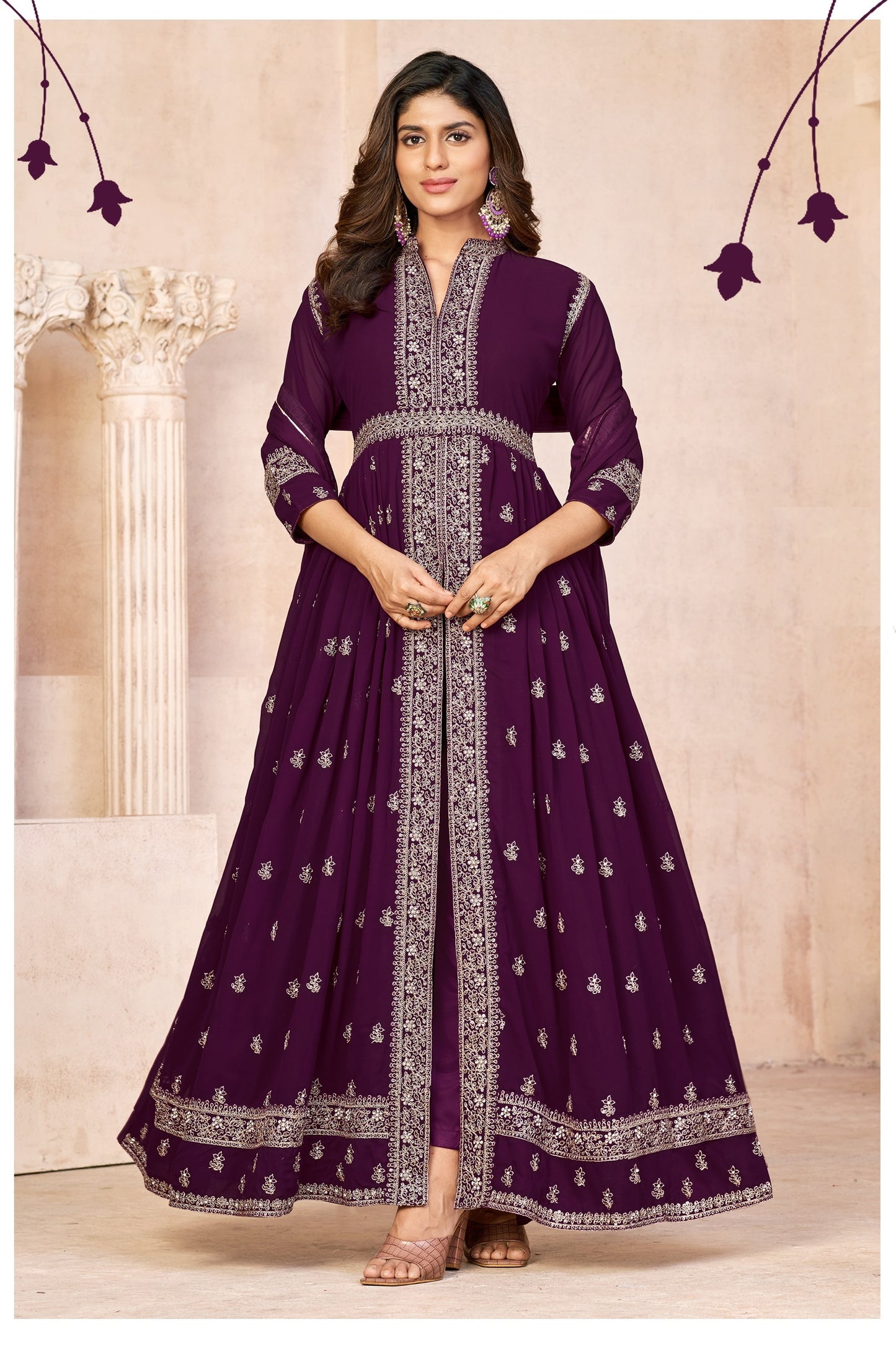 Wine Embroidered Faux Georgette Semi Stitched Anarkali Suit