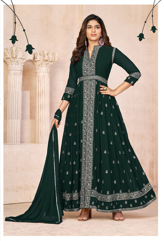 Green Embroidered Faux Georgette Semi Stitched Anarkali Suit