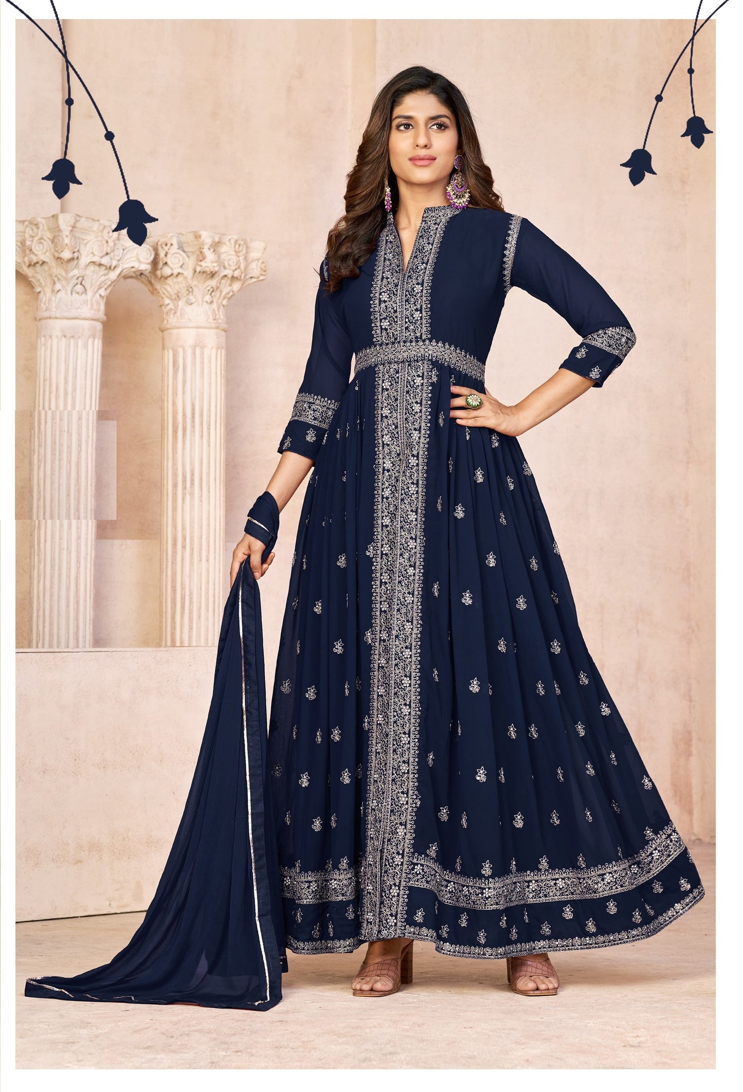 Navy Blue Embroidered Faux Georgette Semi Stitched Anarkali Suit
