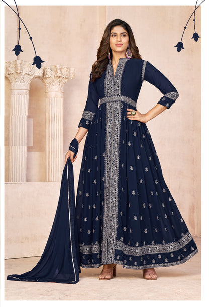 Navy Blue Embroidered Faux Georgette Semi Stitched Anarkali Suit
