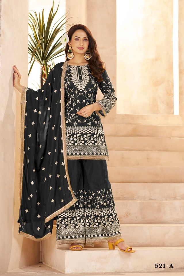 Black Georgette All Over Cotton Thread & Sequins Work Palazzo Sets Size upto 44