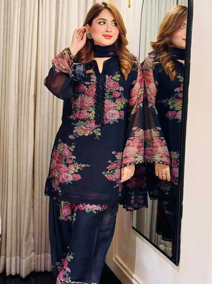 Women's Beautiful Faux Georgette Fabric Printed Work Straight Kurta Palazzo and Dupatta Set