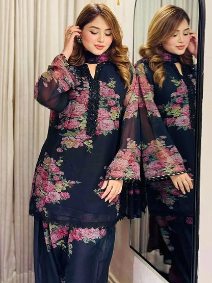 Women's Beautiful Faux Georgette Fabric Printed Work Straight Kurta Palazzo and Dupatta Set