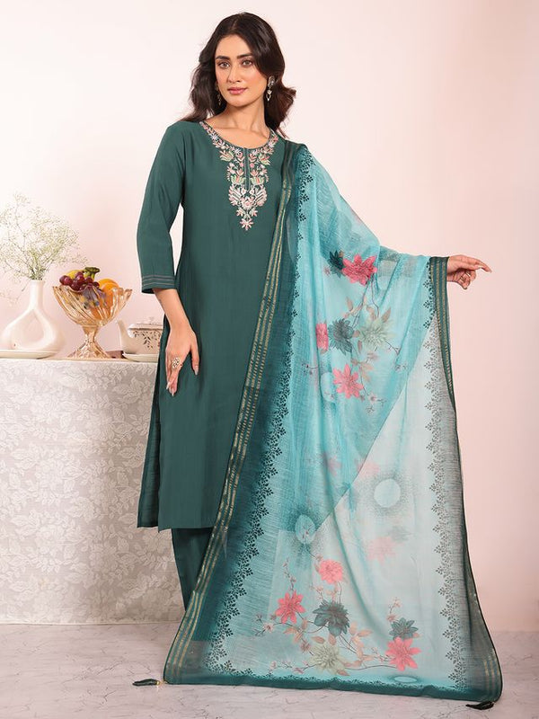 Teal Color Poly Silk Fabric Smart Ethnic Partywear Kurta Set