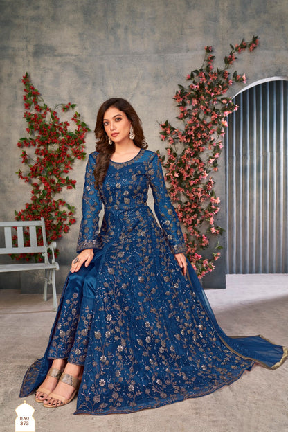 Blue Embroidered Net Semi Stitched Anarkali suit