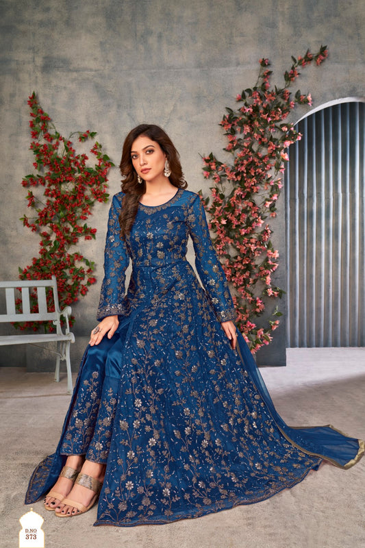 Blue Embroidered Net Semi Stitched Anarkali suit