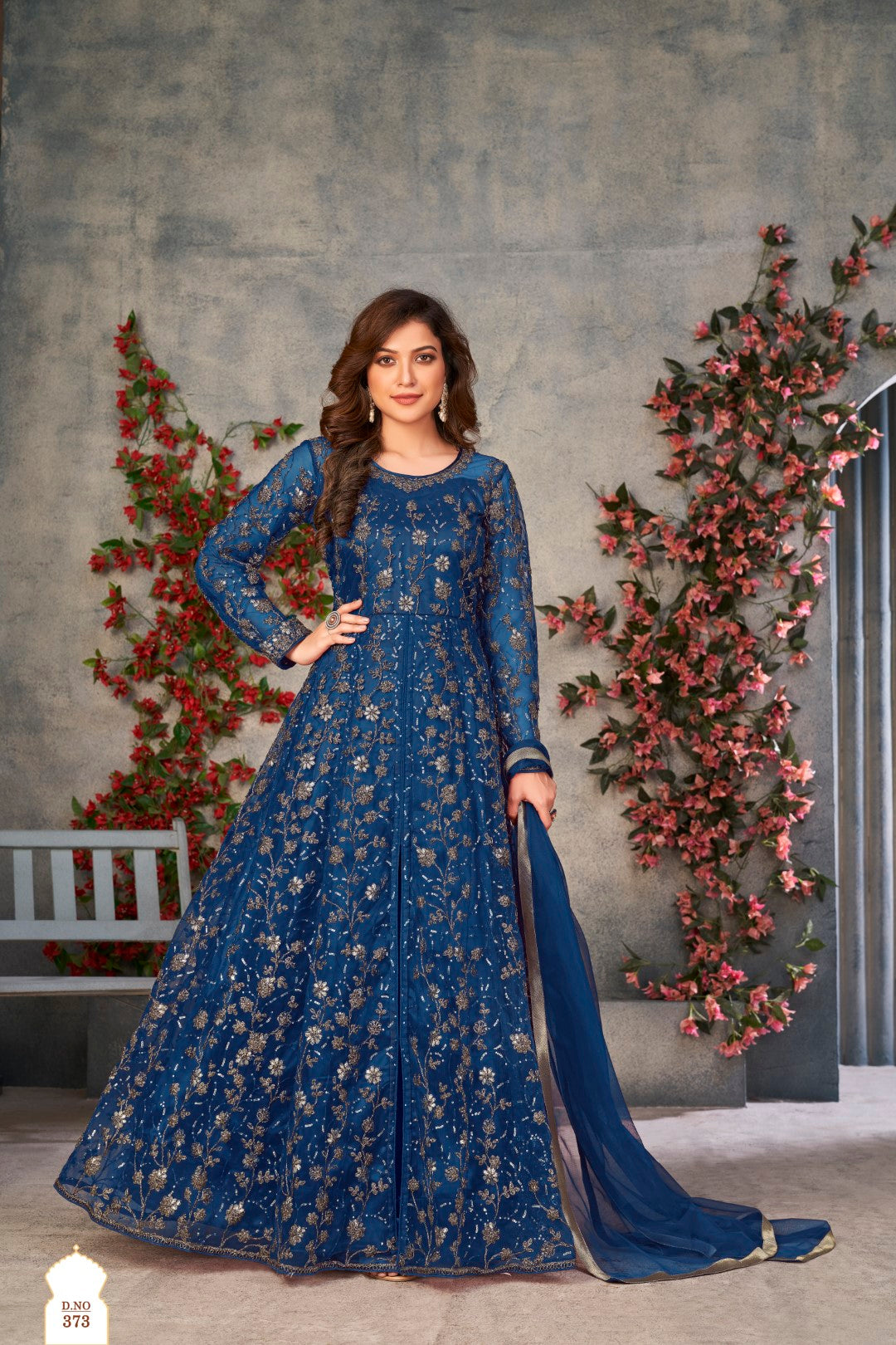 Blue Embroidered Net Semi Stitched Anarkali suit