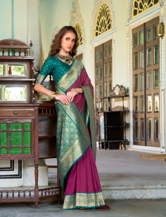 Wine soft silk zari weaving saree with blouse Piece