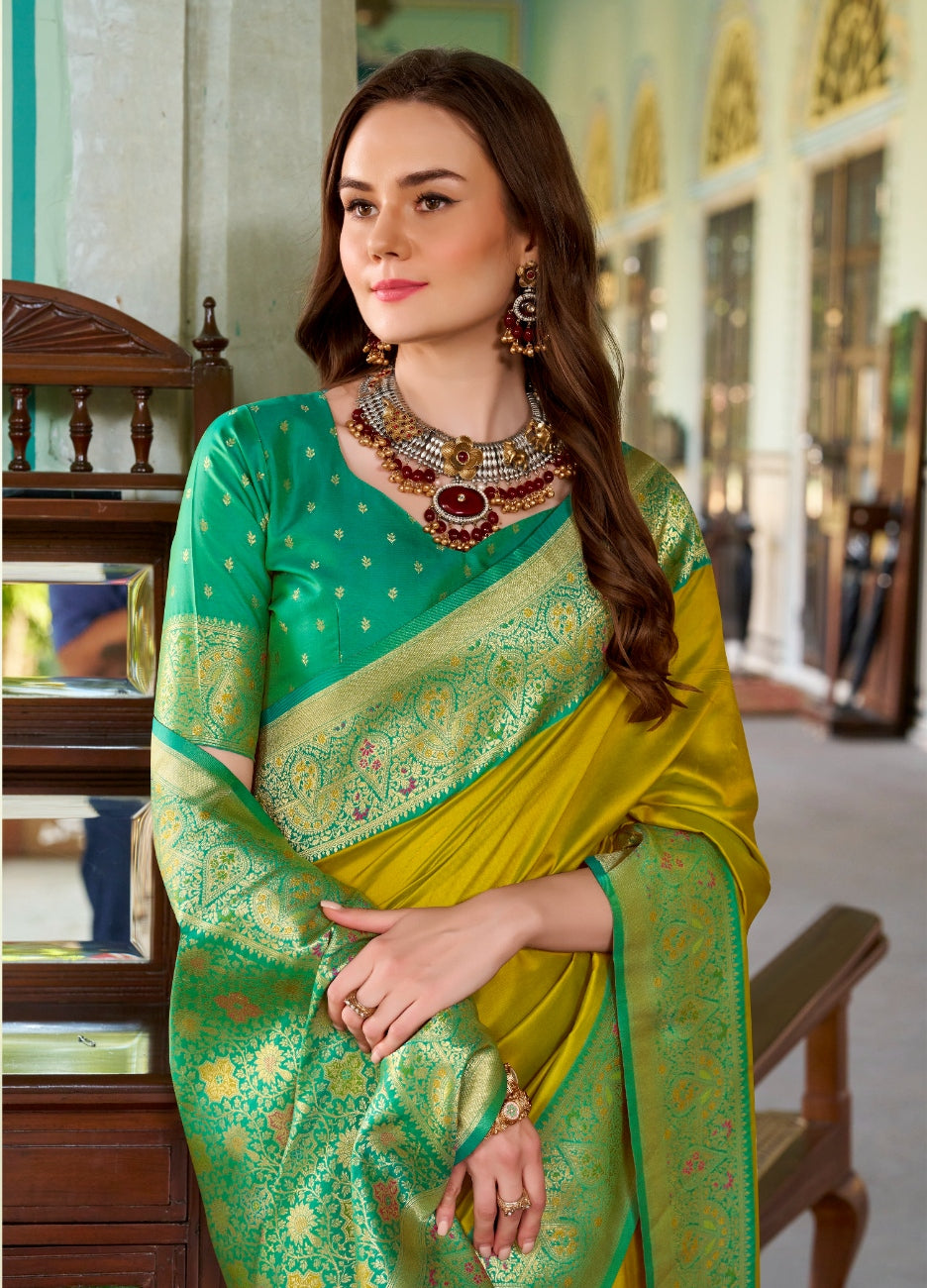 Mustard soft silk zari weaving saree with blouse Piece