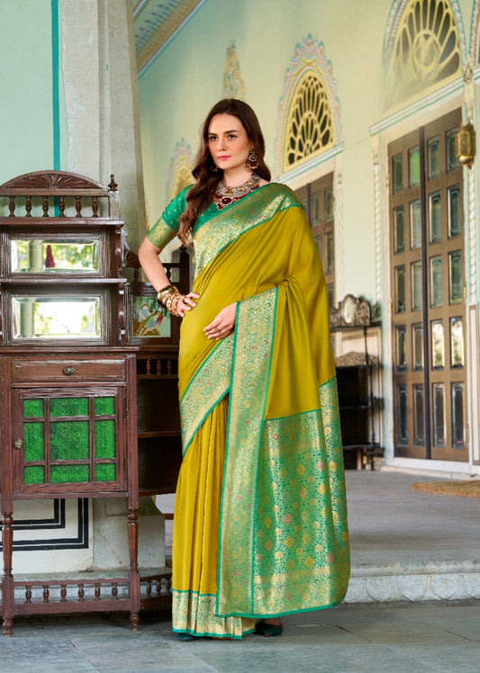 Mustard soft silk zari weaving saree with blouse Piece