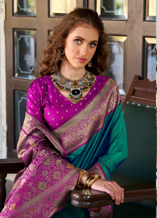Teal soft silk zari weaving saree with blouse Piece