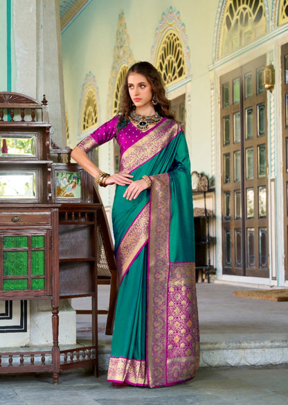 Teal soft silk zari weaving saree with blouse Piece