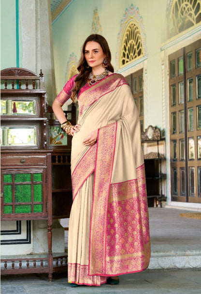 Beige soft silk zari weaving saree with blouse Piece