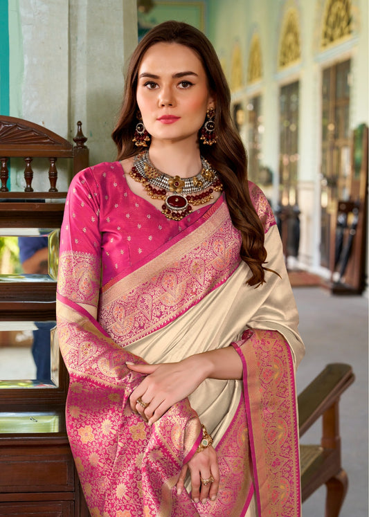 Beige soft silk zari weaving saree with blouse Piece