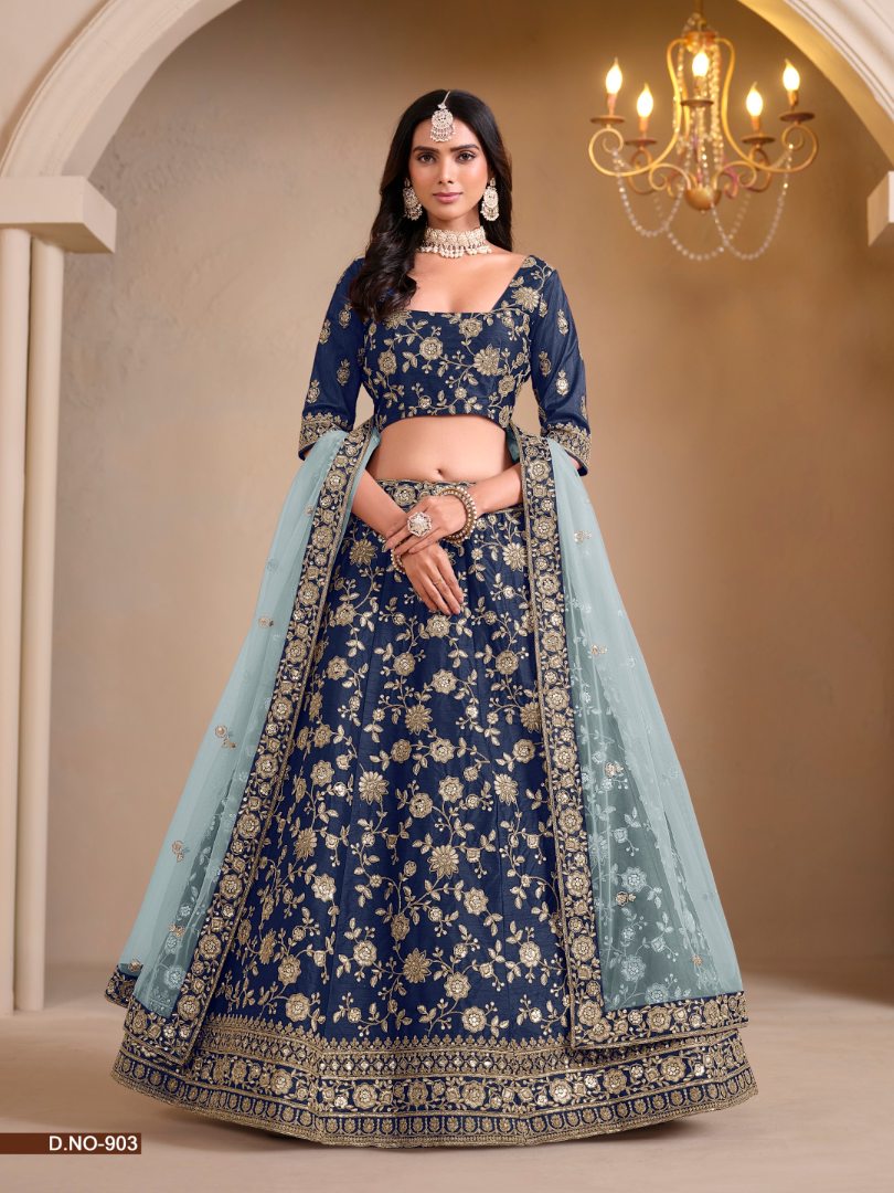 Navy Blue Art Silk Designer Lehenga With Blouse