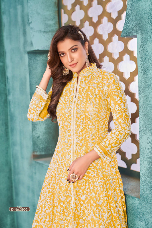Yellow Embroidered Net Semi Stitched Anarkali Suit