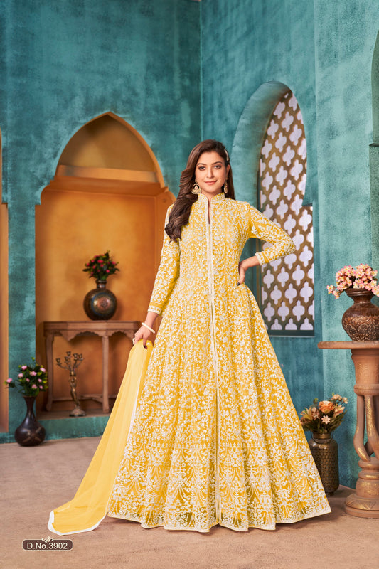 Yellow Embroidered Net Semi Stitched Anarkali Suit