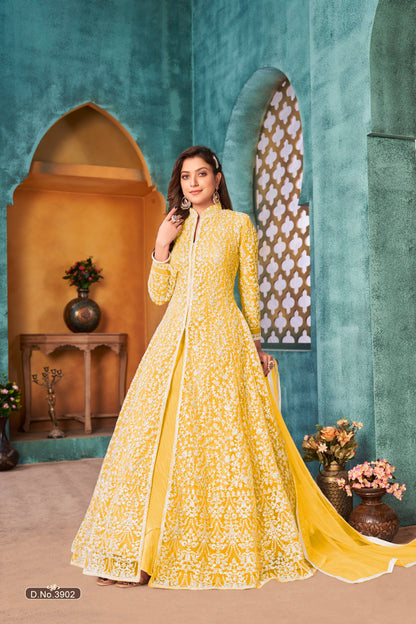 Yellow Embroidered Net Semi Stitched Anarkali Suit