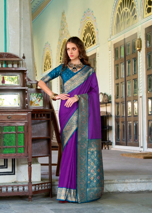 Violet soft silk zari weaving saree with blouse Piece