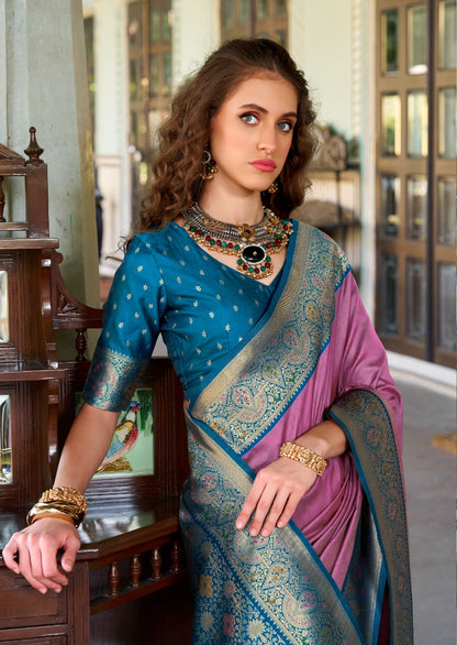 Pink soft silk zari weaving saree with blouse Piece